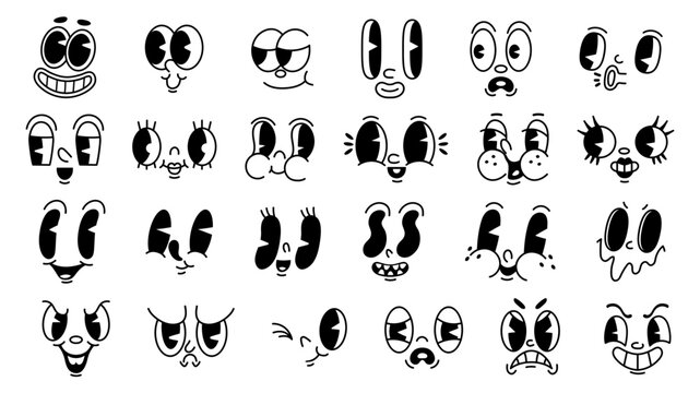 Retro 1930s cartoon faces. Old funny mascot facial expressions, mouths and eyes with different emotions for characters vector set