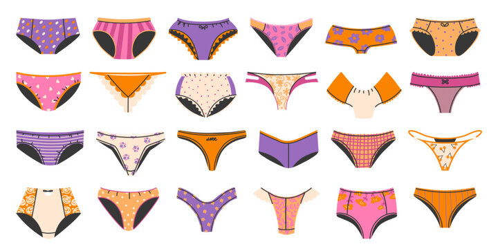 Women panties. Female underwear types, lady wardrobe lingerie and underpants models vector set