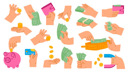 Hands holding money. Cash payment, count coins and paying with bank card. Arm with wallet, money magnet and piggy bank cartoon vector set
