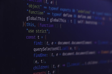 Programming Javascript on laptop computer screen. Program code PHP HTML CSS of site. Computer code on laptop (web developing). Template of website, selective focus