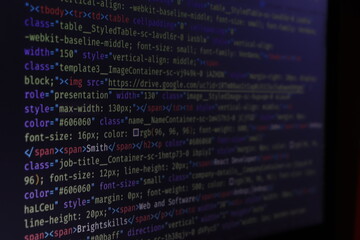 Computer script typing work. Programmer typing new lines of HTML code. Closeup of Java Script, CSS...