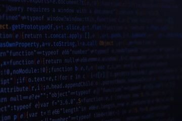 Software developer programming code. Abstract modern virtual computer script. Work of software developer programmer on desktop screen closeup. Online Internet cyberspace reality concept