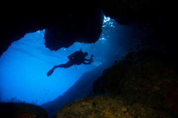 Silhouette view from cave diving