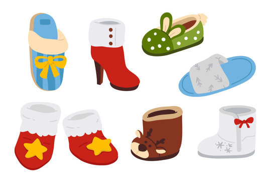 Cute vector collection of colorful winter various boots and slippers