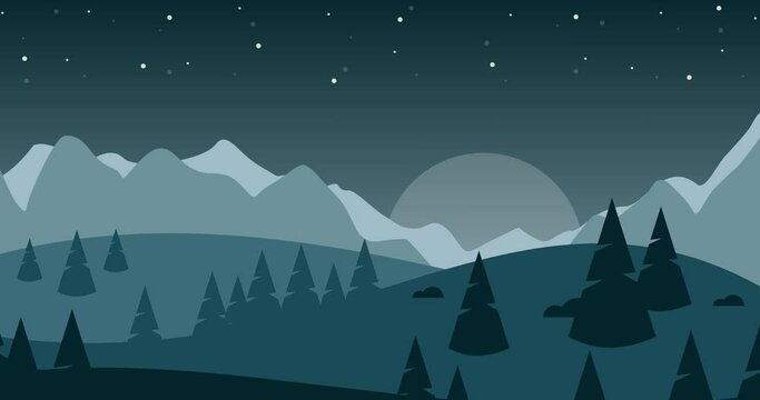 Animated background of blue gradation of hills and trees on a starry night