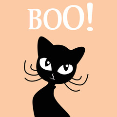 Black cat boo on white background. Isolated vector sign symbol. Cute vector illustration. Horror Halloween Cartoon banner with black cat boo on dark background for decoration design.
