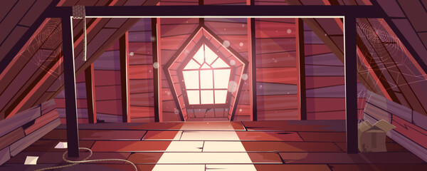 House attic interior, empty old mansard room with arched gothic window and spider webs. Spacious light place on roof with wooden beams, wood floor, architecture, dwelling. Cartoon vector illustration © klyaksun