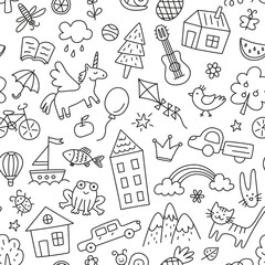 Children drawings seamless pattern. Kids doodle texture. Hand drawn cute house, cat, frog, unicorn. Baby seamless pattern. Editable stroke. Vector illustration on white background.