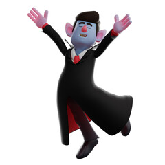 3D illustration. 3D illustration of Vampire Dracula character showing happy expression. Have a pose with both hands raised upwards. showing a smile with his eyes closed. 3D Cartoon Character