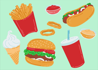 Fast food set. Hamburger, fried onion rings, sauce and drink in a paper cup. American street food in flat style. Vector illustration of a fast food cafe.