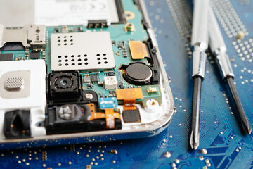 Repairing and upgrade mobile phone, electronic, computer hardware and technology concept.