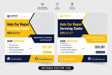 Fototapeta premium Car repair business poster template with dark and yellow colors. Modern vehicle maintenance service social media post vector for marketing. Automobile business advertisement template vector.