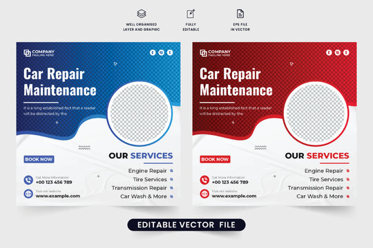 Car repair social media post vector for business promotion. Car maintenance service promotional web banner design with photo placeholders. Vehicle cleaning service template for social media marketing.