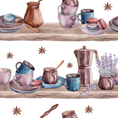 Cup, macaron Brown. Watercolor. Pattern. Illustration for clipart. Designed for menus, culinary blogs, packaging, textiles, web design, sites, stickers, invitations, patterns, logos. Drawn by hand.