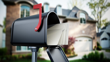 Open mailbox with letters standing outside the luxury home. 3D illustration
