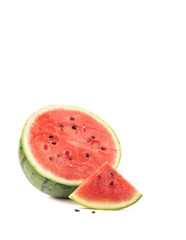 piece of watermelon on a white background. isolate with watermelon. copy space with watermelon. sliced ​​ripe juicy watermelon
