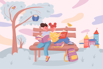 Education banner. Kids read books and do homework while sitting on bench at city park background. Pupils studying at school poster. Illustration for backdrop or placard in flat cartoon design