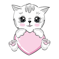 Cute Cartoon white kitten with pink heart on a white background