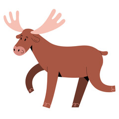 Cute moose animal with big horns, funny forest mammal standing and smiling, childrens illustration, adorable northern mammal. flat vector illustration isolated on white background