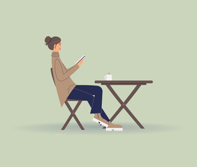 Pretty girl read book, sits at table and drink cup of coffee or tea. Woman on lunch break, coffee break, rest from routine.Student prepare for exam.Vector