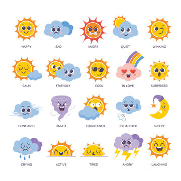 Weather forecast emojis. Funny cartoon of the sun, moon, and clouds. Adorable faces with different emotions, perfect for stickers, mobile apps, children's books, and printing goods. 