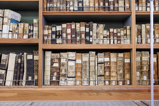 Ancient books on shelfs in the library of Saint Catherine monastery in Sinai mountain