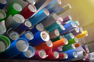 Self-adhesive film for advertising production. Vinyl film for car pasting. Multicolored rolls on...