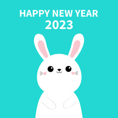 Happy Chinese New Year 2023. The year of the rabbit. Cute bunny hare. Cartoon funny baby character. Kids print. Love card. Flat design. Blue background.