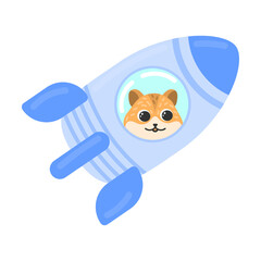 Hamster, pet flies on rocket, spaceship. Cartoon vector illustration isolated on white background