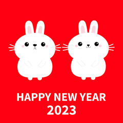 Happy Chinese New Year 2023. The year of the rabbit. Two bunny love couple set. Cute cartoon kawaii funny baby character. Farm animal collection. Red background. Greeting card. Flat design