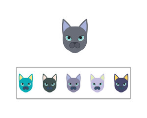 Russian blue Isolated cat breed premium vector icon, Cute Cat head symbol premium icon, Premium Quality Kitten Element In Trendy Style, Vector of cat face icon colorful Logo, Sign vector illustration.