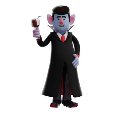  3D illustration. 3D Cartoon Image of Vampire Dracula holding a glass of wine. Hands are on your waist. Shows a happy laughing expression. 3D Cartoon Character