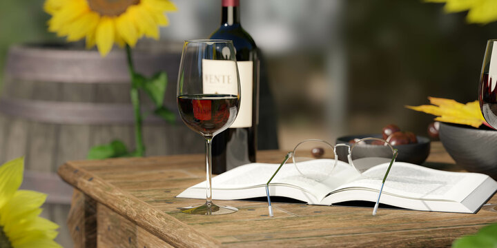 autumn scene with wine glass, cask and bottle and books and glasses 3d render illustration