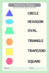 Worksheet 2D Colorful Geometric shapes. draw a line to match shapes and the words. Learning materials for preschool kids. Logical game for kindergarten.