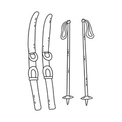 Pair of skis with sticks. Winter sport, leisure and outdoor activity. Black and white vector isolated illustration hand drawn doodle design element, outdoor equipment