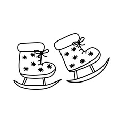 Skates with snowflakes. Winter entertainment, ice skating. Black and white vector illustration hand drawn isolated doodle. Design element. Outdoor sport