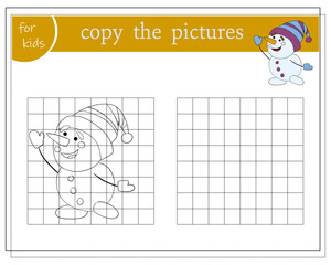 Copy the picture, educational games for kids, cartoon snowman. vector illustration