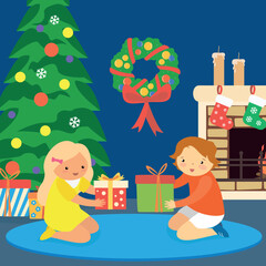 Children unpack gifts at home near the Christmas tree