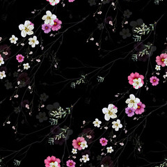 Watercolor painting of leaf and flowers, seamless pattern on dark background - 546487951