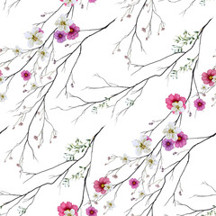 Watercolor painting of leaf and flowers, seamless pattern on white background - 546487964