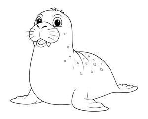 Little Walrus Cartoon Animal Illustration BW