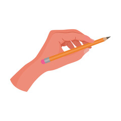 Hand holding pencil with an eraser on the end, writing and drawing tool vector illustration. Right and left arms with school supplies isolated on white background