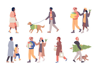Naklejka premium People getting ready for Christmas semi flat color vector characters set. Editable figures. Full body people on white. Simple cartoon style illustration bundle for web graphic design and animation