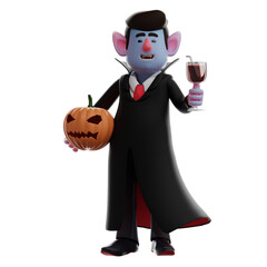 3D illustration. 3D Cartoon Character Vampire Dracula with pumpkin and glass of wine. wearing a cool robe. showing a handsome smiling face. 3D Cartoon Character