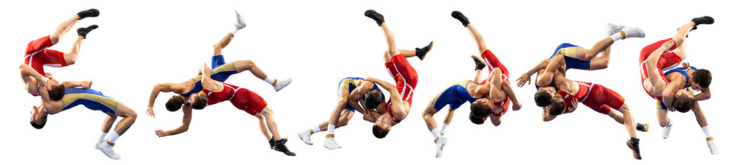 A set of high wrestling throws, tricks. Two young male athletes in blue and red wrestling tights wrestling on a white background