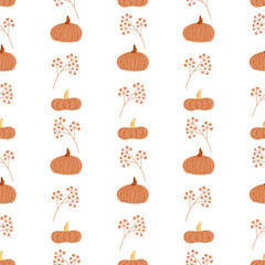 Seamlesspattern with pumpkins and branch of berries. Autumn background. Vector illustration.