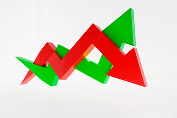 Economy scenario. Going up or down. Red recession trend versus green expansion arrow