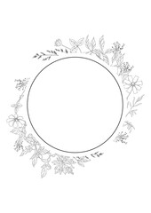 Floral spring design with flowers, and leaves, of field plants. Round shape with space for text. Template for the sale of a banner or leaflet.