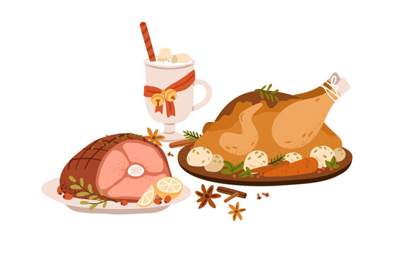 Christmas dishes, roasted pork knuckle and grilled turkey. Festive traditional meals, meat. Served ham hock and chicken, cocoa with marshmallow. Flat vector illustration isolated on white background