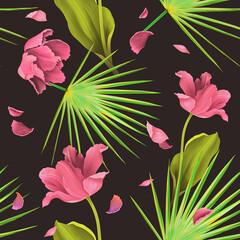 Seamless pattern with Tropical flowers and leaves design. Stylish trendy fashion floral pattern - 546492308